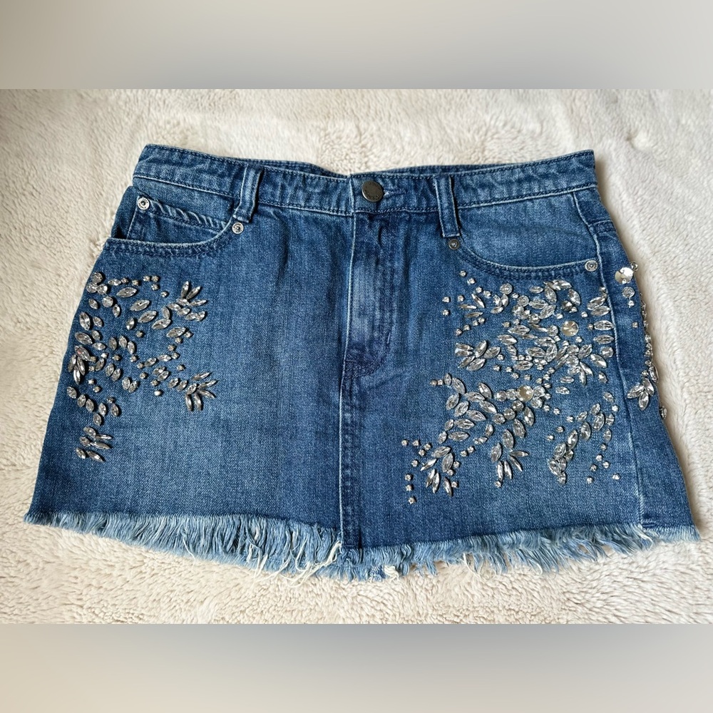 Free People Rhinestone Denim Mini Skirt
